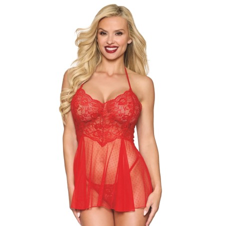 Nuisette en résille et dentelle florale rouge string assorti