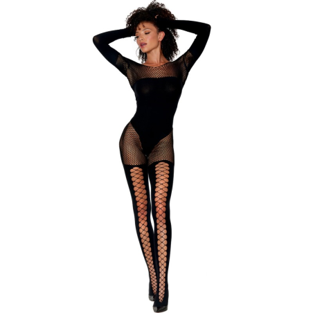 Bodystocking effet body et bas noir manches longues