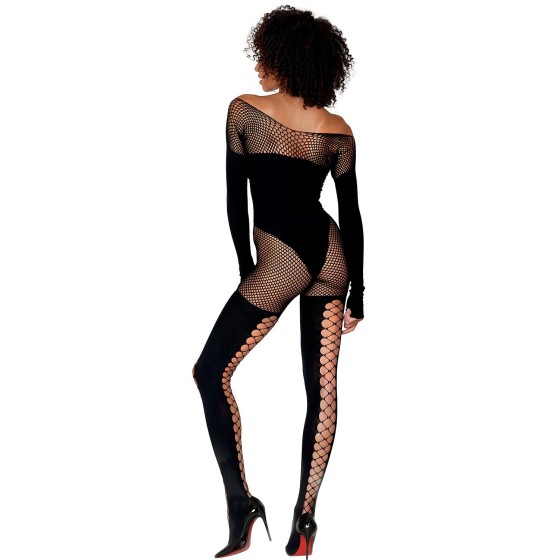 Bodystocking effet body et bas noir manches longues