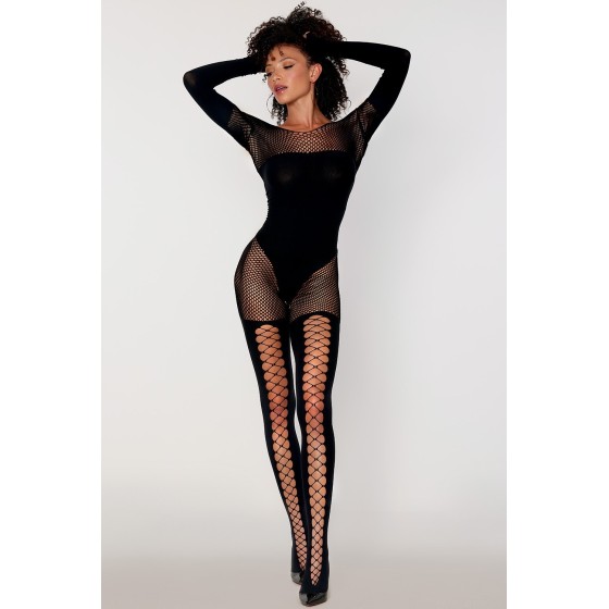 Bodystocking effet body et bas noir manches longues