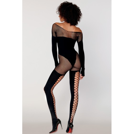 Bodystocking effet body et bas noir manches longues