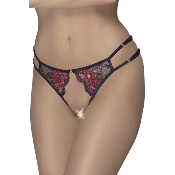 Culotte ouverte en fine dentelle florale rouge et noire