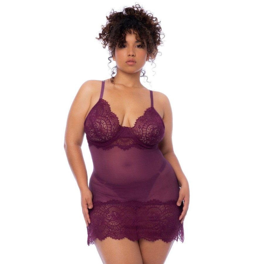 Nuisette et string assorti grande taille en dentelle - bordeaux