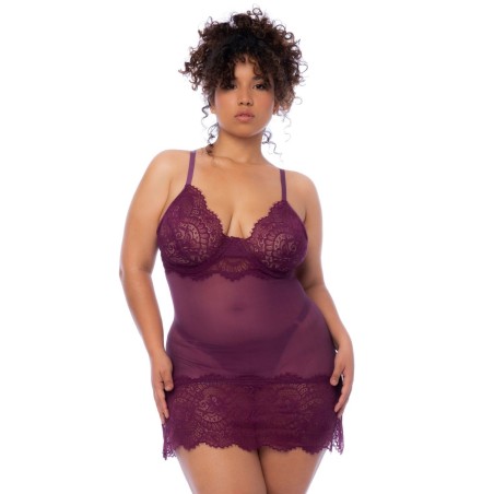 Nuisette et string assorti grande taille en dentelle - bordeaux