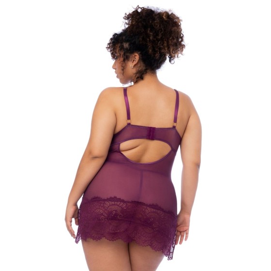 Nuisette et string assorti grande taille en dentelle - bordeaux